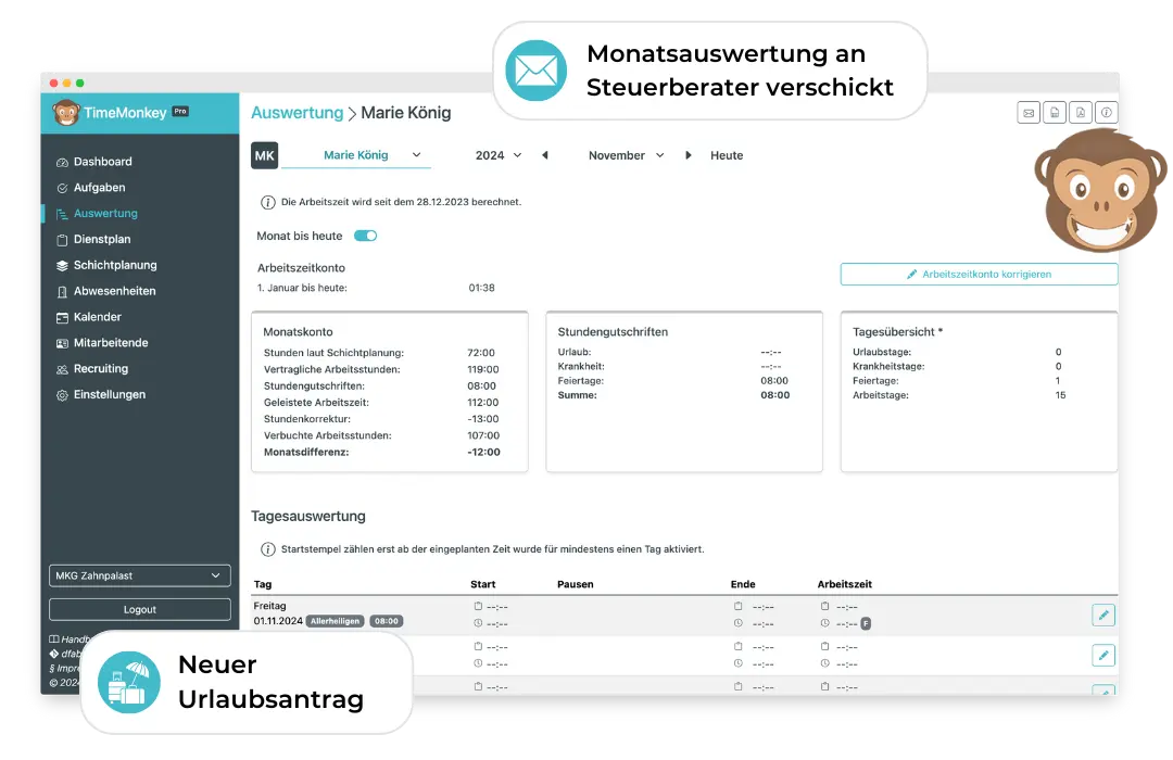 Monatsansicht der Software für Zeitwirtschaft